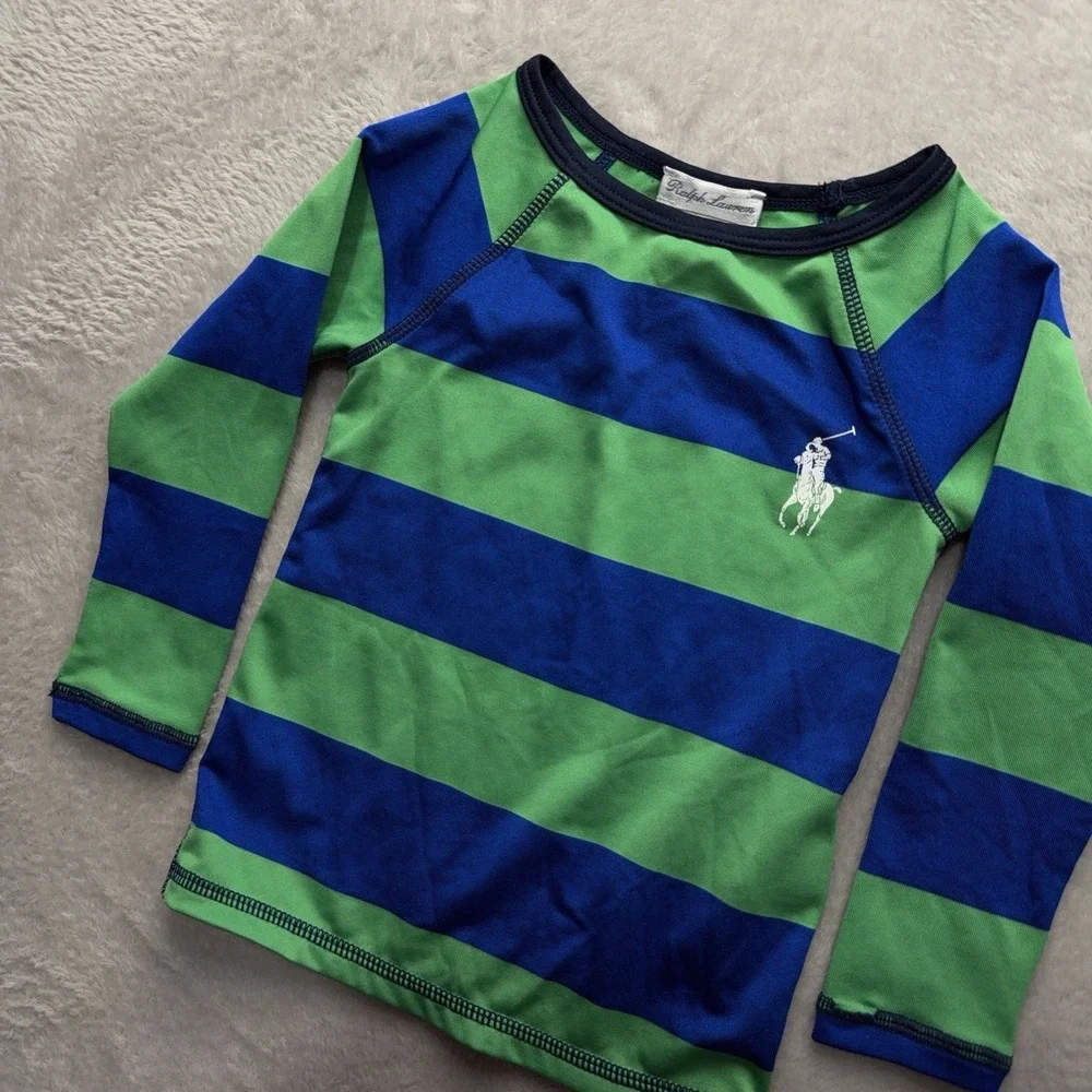 Ralph Lauren Baby Green Long Sleeve Rashguard Swim 24M Stripped Big Pony Preppy